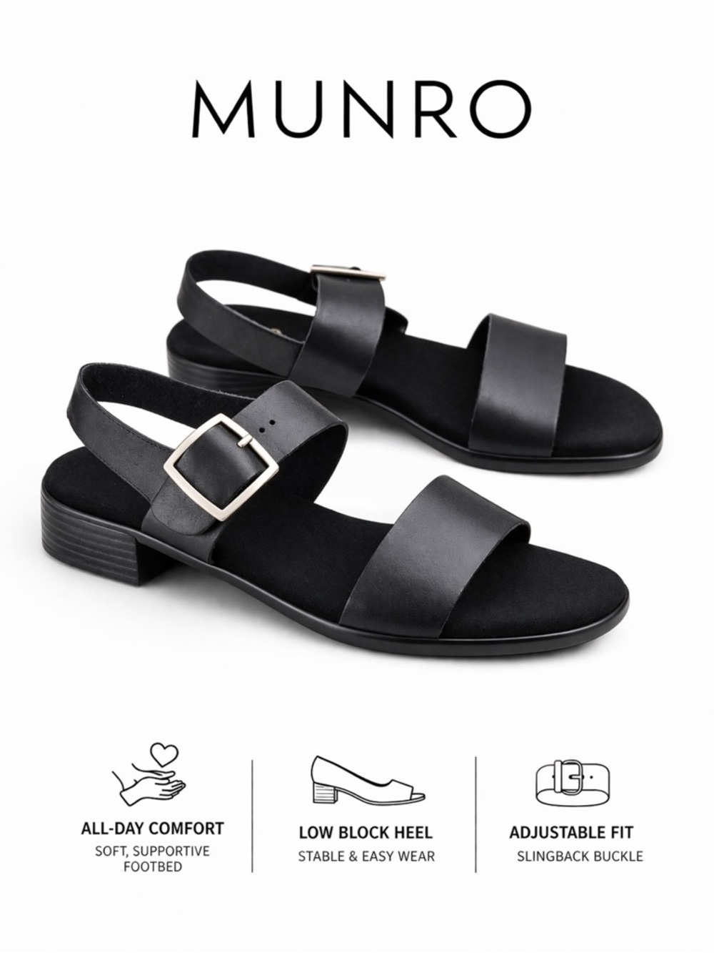 Munro Leather Sandal Black Low Heel Comfort Slingback Buckle 7.5M